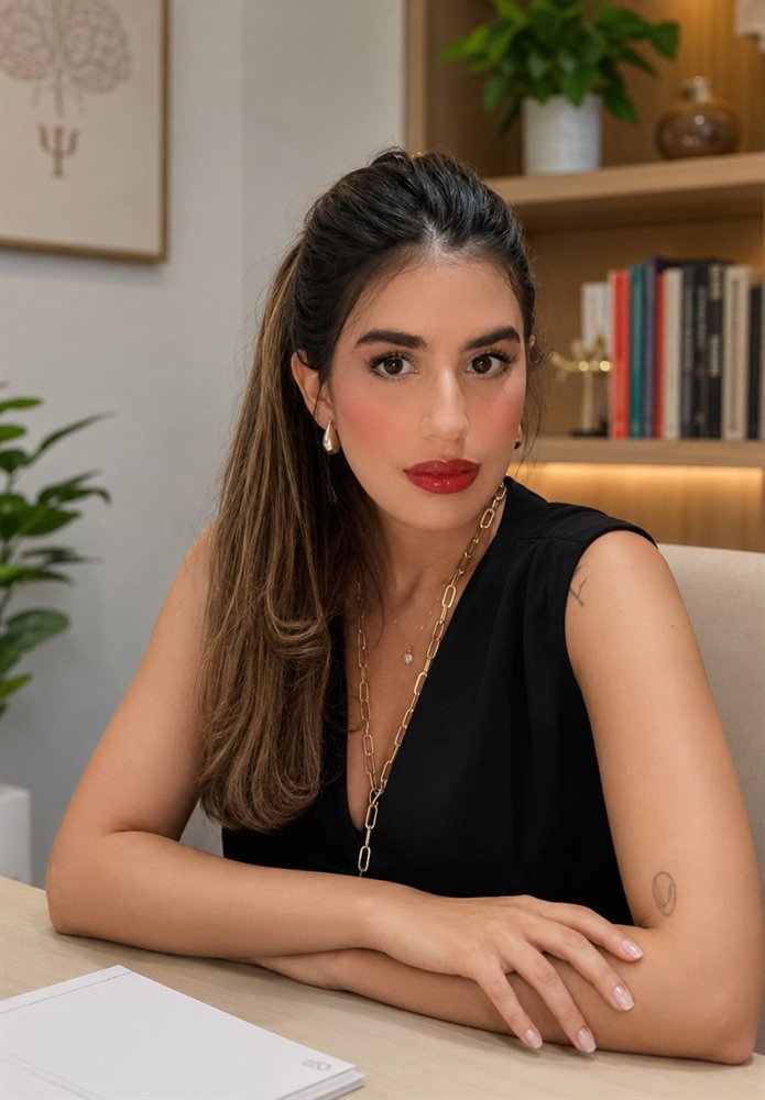 Daniele Reis sentada à mesa do consultório, com estante de livros ao fundo